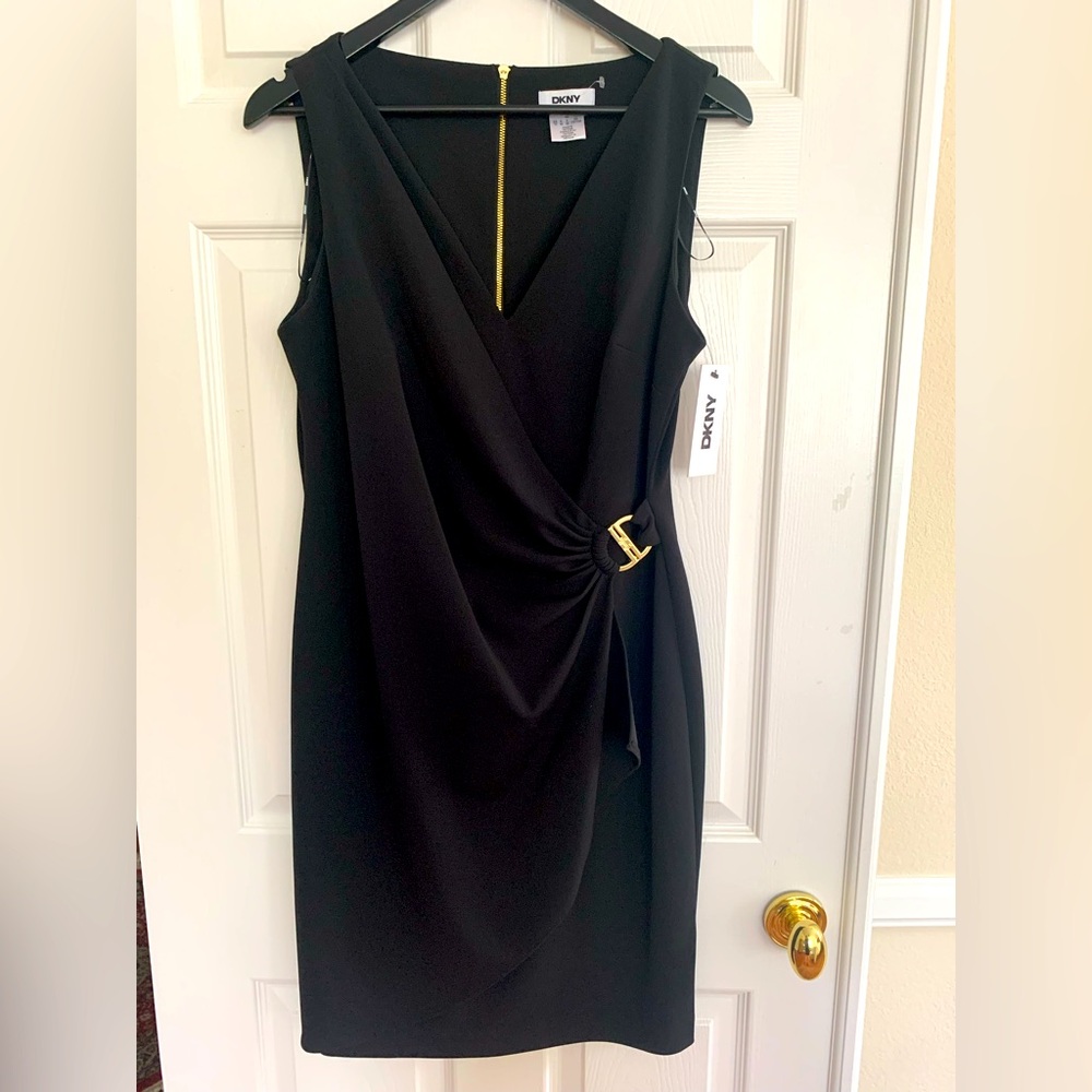 NWT DKNY Shift Dress: Black, V-Neck, Wrap Detail w/Gold Buckle, Gold Back Zip 10